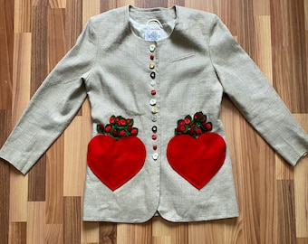 80s PETRA WEISBACH Bavarian Linen Jacket-Austrian Alpine Whimsical Folk Blazer-Button Front Cottagecore Blazer with Mismatch Buttons EU 40