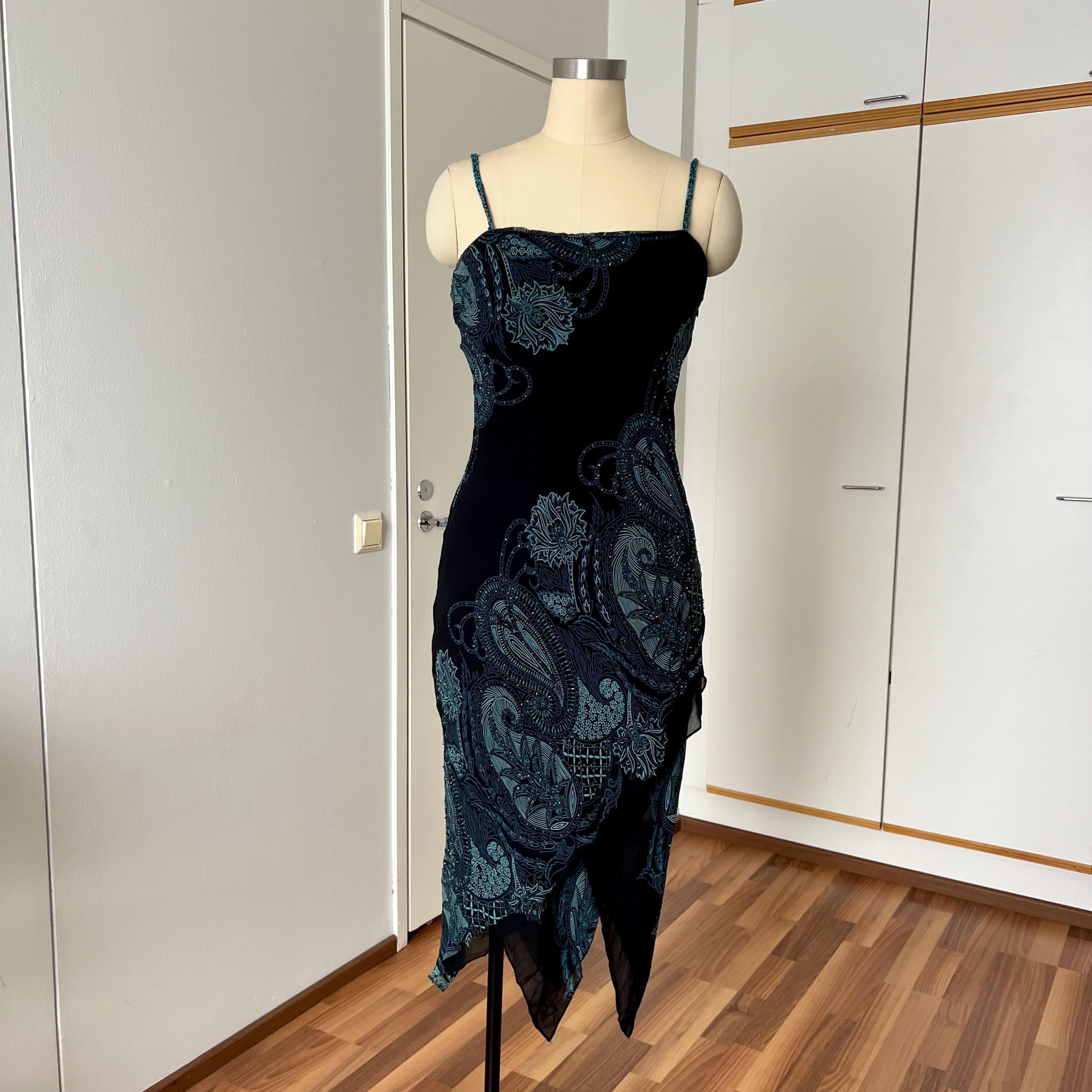 vintage beaded midi fairy dress with sharkbite hem in olive Olive Bead Strap Dress
