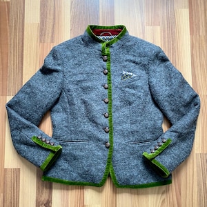 Vintage Graue Alpenwoll-Mischjacke – Bayerischer Trachten-Jacker-Blazer – Tiroler Landhausmantel – österreichische Trachten-Cottagecore-EU 40