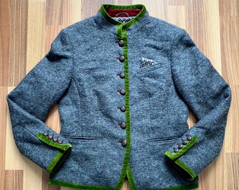 Vintage Grey Alpine Wool Blend Jacket -Bavarian Folk Trachten Janker Blazer-Tyrol Country House Coat-Austrian Trachten Cottagecore EU 40