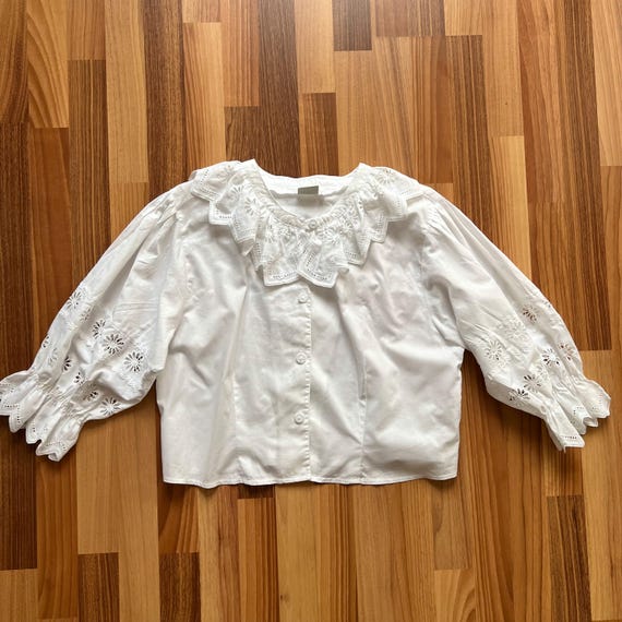 80s Hess Frackmann Cottagecore Top-Bavarian Folk Blouse-Boho Romantic Shirt-White Cotton Peasant Shirt-Balloon Sleeves Milkmaid Top EU 40