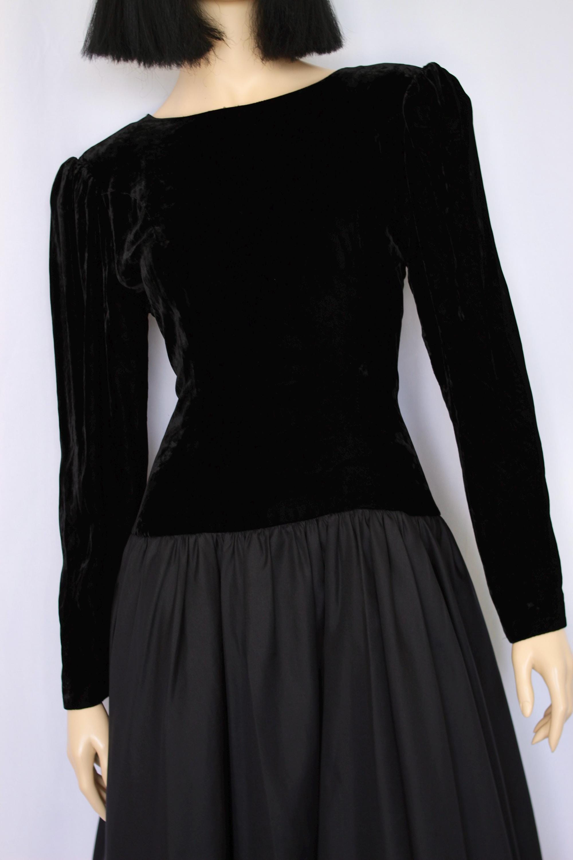 Vintage 80s Black Velvet Satin Striped Drop Waist Sleeveless Dress