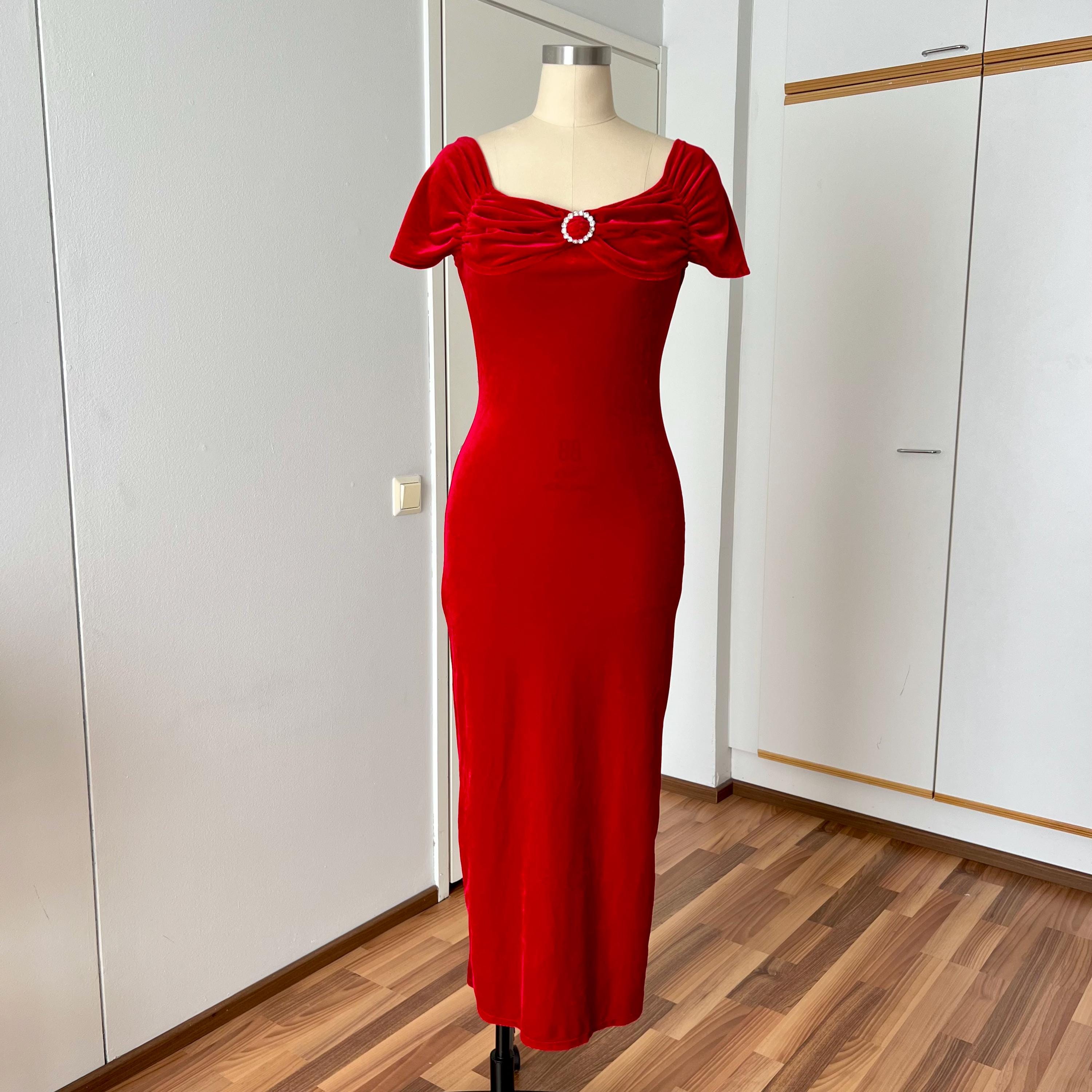 white christmas dresses Stunning Old Hollywood 1960s Emma Domb Red Chiffon & Rhinestone Dress – Muse main image 1