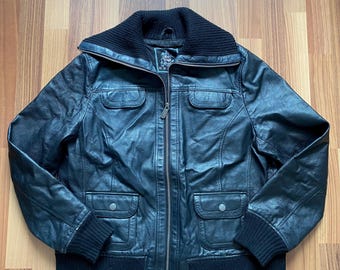 Y2K Women's Black Leather Bomber Jacket-EAST VILLAGE High Neck Cyber Grunge Moto Coat-Ribbed Knit Aviator Utility Punk Biker Jacket Retro