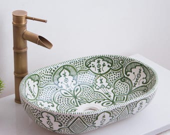 Handcrafted Moroccan Oval Ceramic Sink - Green Traditional  Wash Basin - TerraFez