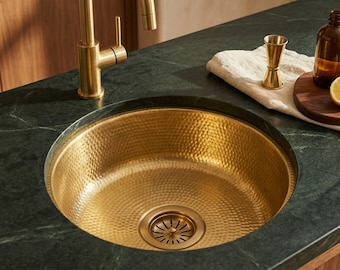 Unlacquered Hammered Brass Bar Sink with Strainer: Round Undermount Basin - TerraFez