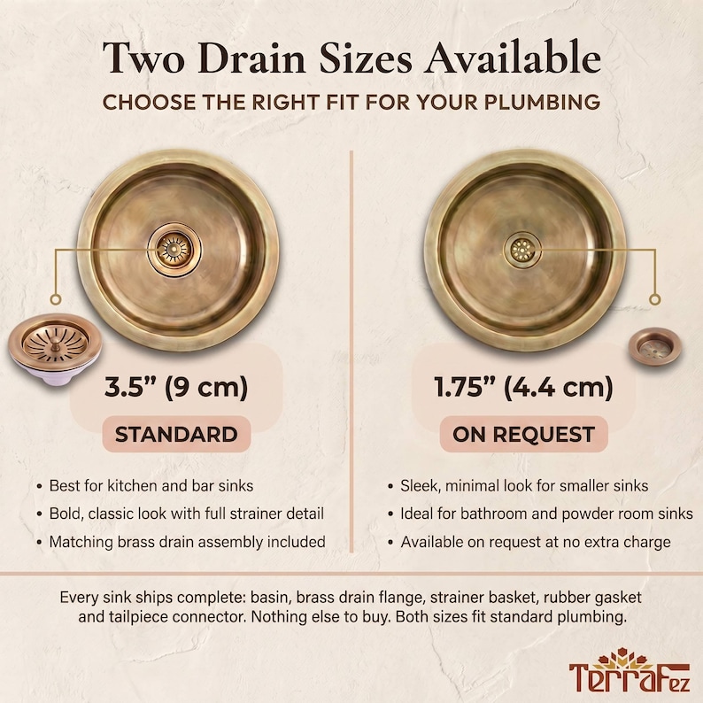 May include: Two round brass sink basins with drain options. One shows a 3.5-inch standard drain with a strainer basket, the other a 1.75-inch drain on request. Text includes 'Two Drain Sizes Available', 'CHOOSE THE RIGHT FIT FOR YOUR PLUMBING', and 'Terrafez'.