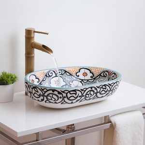 Ręcznie malowana, wielokolorowa ceramiczna umywalka 16", Tradycyjna, ręcznie robiona umywalka nablatowa, Kolorowa, ręcznie robiona owalna umywalka, Umywalka łazienkowa na zamówienie