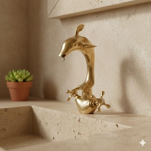 Rubinetto da bagno a forma di delfino in ottone: miscelatore tradizionale con maniglia a croce.