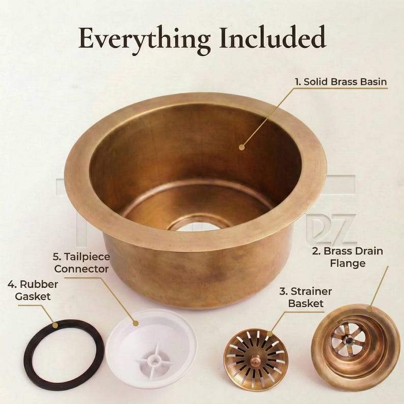TerraFez brass round sink complete package showing everything included: solid brass basin, brass drain flange, strainer basket, rubber gasket, and tailpiece connector.