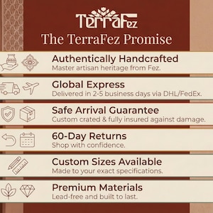 The TerraFez Promise graphic listing brand guarantees: authentically handcrafted by master artisans from Fez, global express delivery in 2–5 business days via DHL or FedEx, safe arrival guarantee with custom crating and full insurance, 60-day returns, custom sizes available, and premium lead-free materials.