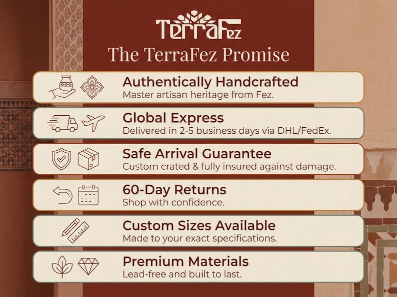 The TerraFez Promise graphic listing brand guarantees: authentically handcrafted by master artisans from Fez, global express delivery in 2–5 business days via DHL or FedEx, safe arrival guarantee with custom crating and full insurance, 60-day returns, custom sizes available, and premium lead-free materials.