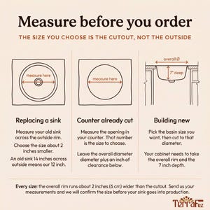 May include: An instructional diagram titled Measure before you order, explaining how to measure for a sink. It features three illustrations showing sink cutouts, rim measurements, and a 7 inch depth. Text provides guidance for replacing sinks and new builds.