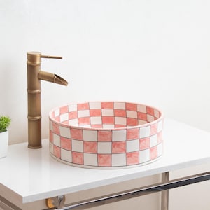 Round Ceramic Vessel Sink, Vanity Washbasin Handcrafted , Moroccan Pink & White Checkered Washbowl, Bathroom Hand-Painted Handbasin