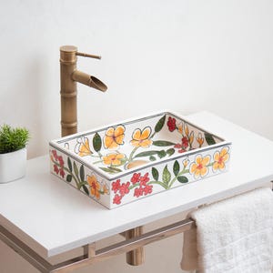 Hand-Painted Floral Rectangular Ceramic Sink: 14" Bathroom Vanity Washbasin- TerraFez