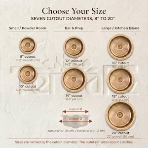 May include: A size guide for seven round bronze-toned sinks, ranging from 8 to 20 inches in cutout diameter. The chart displays various sink sizes labeled for powder rooms, bar areas, and kitchen islands, including specific cutout and overall dimensions.