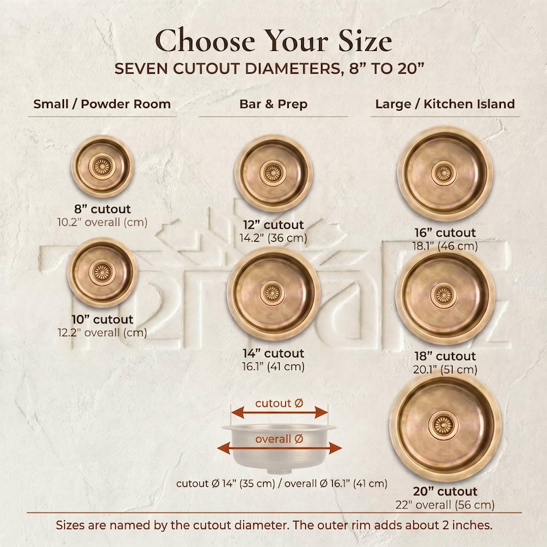 May include: A size guide for seven round bronze-toned sinks, ranging from 8 to 20 inches in cutout diameter. The chart displays various sink sizes labeled for powder rooms, bar areas, and kitchen islands, including specific cutout and overall dimensions.