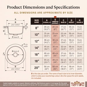 May include: A technical diagram showing product dimensions and specifications for a round sink. The chart lists sizes from 8 to 20 inches with corresponding measurements for overall diameter, inner cutout, base, height, and drain diameter in inches and cm.