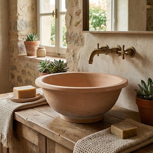 Può includere: Un bagno rustico con un lavabo in terracotta, un rubinetto in ottone e un mobile in legno. Il lavabo rotondo è al centro. Sapone e asciugamani sono sul mobile. Piante grasse in vaso sul davanzale aggiungono verde.