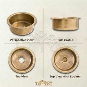 TerraFez brass round sink shown from four angles: perspective view, side profile, top view without strainer, and top view with decorative brass strainer installed.