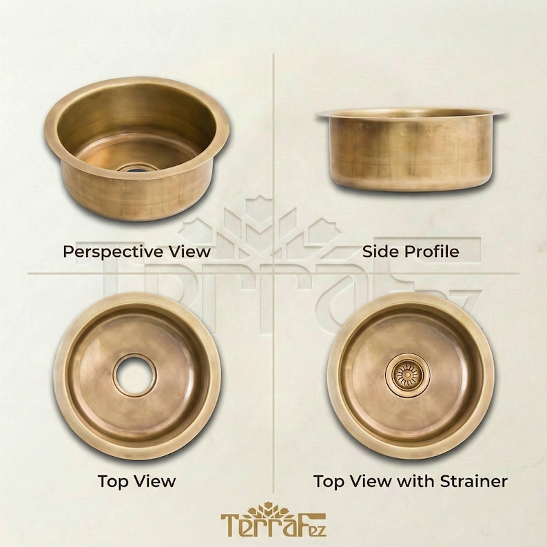 TerraFez brass round sink shown from four angles: perspective view, side profile, top view without strainer, and top view with decorative brass strainer installed.