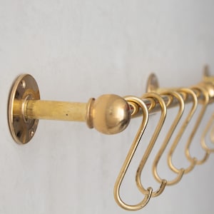 Handmade Unlacquered Brass Kitchen Pot Rail Rack with S Hooks