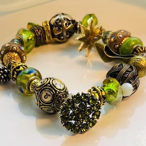 Beaded Crystal Bracelet: Gold, Antique Green & Pinecone Accent