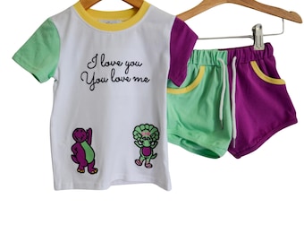 Purple Dinosaur Y2k Vintage Inspired Barney Embroidered Applique Boy Short Set