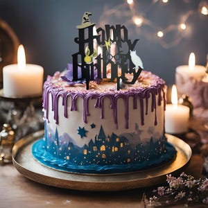 Puede incluir: Una tarta redonda de cumpleaños con un diseño azul y blanco, coronada con un adorno negro de tarta de "Feliz Cumpleaños". La tarta tiene goteo de glaseado morado y está decorada con estrellas y una silueta de castillo. Velas encendidas rodean la tarta.