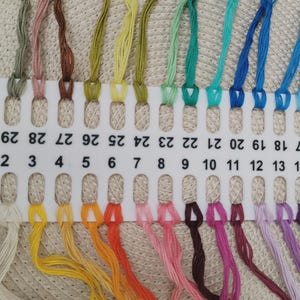 Puede incluir: Una tarjeta organizadora de hilo de bordar de plástico blanco con treinta ranuras numeradas, cada una con un hilo de diferente color. Los tonos van desde colores tierra y amarillos hasta verdes, azules, rosas y morados, en dos filas de quince.