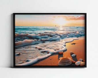 Lámina artística "Atardecer en la playa", olas del océano, decoración costera para el hogar (descarga digital)