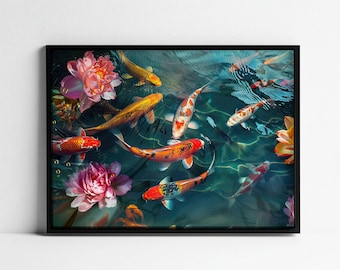 Koi Fish Pond Art Print, Floral Landscape Photography (Digital Download)