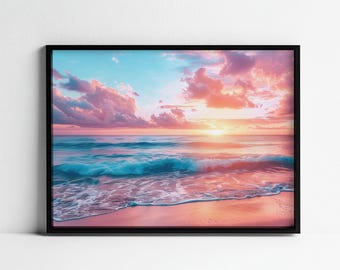 May include: A framed print depicting a seascape with a pink and blue sunset over the ocean. The waves are crashing on the shore, creating a foamy white edge.