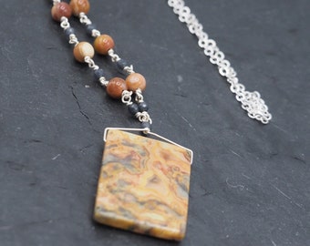 Yellow agate, jade, petrified agate, silver chain long necklace