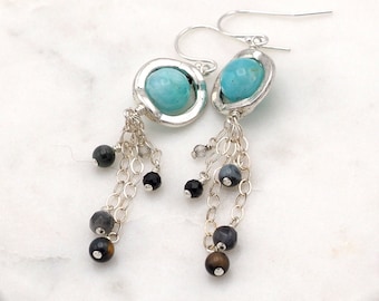 Uranus and moons sterling silver earrings, with natural gemstones