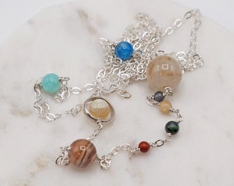 Solar System sterling silver necklace, long with natural minerals gemstones