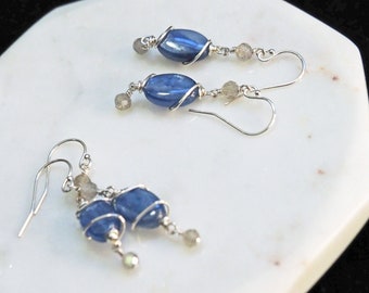 Spiral Galaxy, blue kyanite, sparkling labradorite, and sterling silver earrings