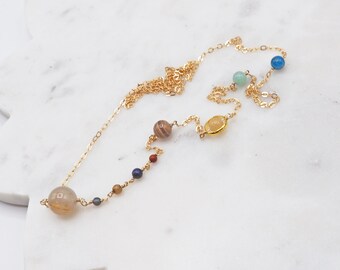 Solar system gold long necklace natural gemstones minerals