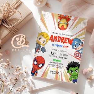 Modelo editável de convite de aniversário de super-herói, convite digital de super-herói Baby Avengers, cartão de convite de super-herói para download instantâneo