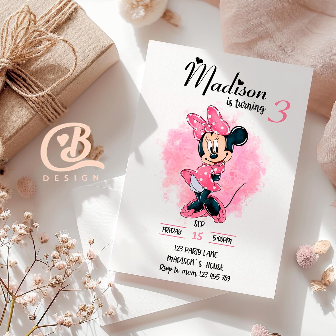 Editable Minnie Mouse Birthday Invitation: Pink Polka Dot Design ...