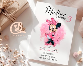 Invitación de cumpleaños editable de Minnie Mouse: Diseño de lunares rosas (Digital, 5x7)