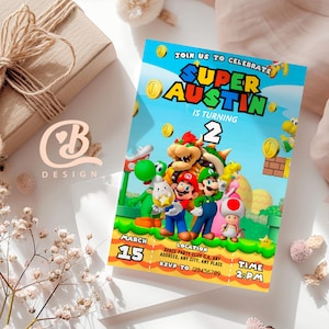 Convite de aniversário de Mario Bros / Convite de Mario / Cartão temático de festa de aniversário de Mario / Convite digital para celular / Convite de aniversário infantil 5x7