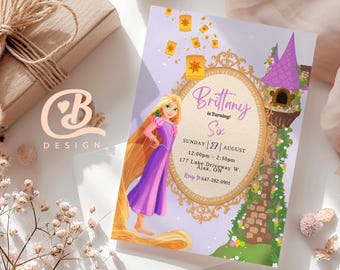 Rapunzel-verjaardagsuitnodiging: verward feest, bewerkbare canvassjabloon (digitale download, 5 x 7 en mobielformaat)