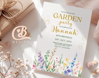 Modello di invito per festa di compleanno con fiori di campo: design modificabile per giardino primaverile (5x7/dispositivo mobile - download digitale)