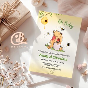 Winnie the Pooh What Will Our Little Hunny Bee Gender Reveal Invitation Template Winnie Pooh & Friends Honeybee EDITABLE INSTANT DOWNLOAD