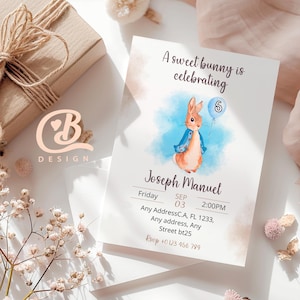 Peter Rabbit Invitation, Editable Template, Rustic Bunny, Birthday, Printable for Kids Party, Instant Download, Mobile/5x7