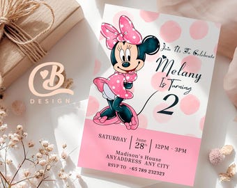 Invitación de cumpleaños editable de Minnie: Diseño de lunares rosas (Digital, 5x7)