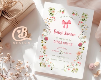 May include: A baby shower invitation with floral accents. The invitation features the text "Baby Shower" and event details, including the honoree's name, date, time, and RSVP information. The design includes a pink bow and a floral border.