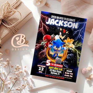 Invitación de cumpleaños de Sonic, editable e imprimible, increíble invitación para fiesta de Sonic, invitaciones premium editables en Canva, invitación para niños y niñas