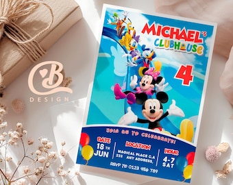 May include: A colorful invitation for a fourth birthday party featuring Mickey Mouse, Minnie Mouse, and other Disney characters. The invitation includes the name "Michael's Clubhouse", date, time, location, and RSVP information. The design incorporates a blue background with balloons.